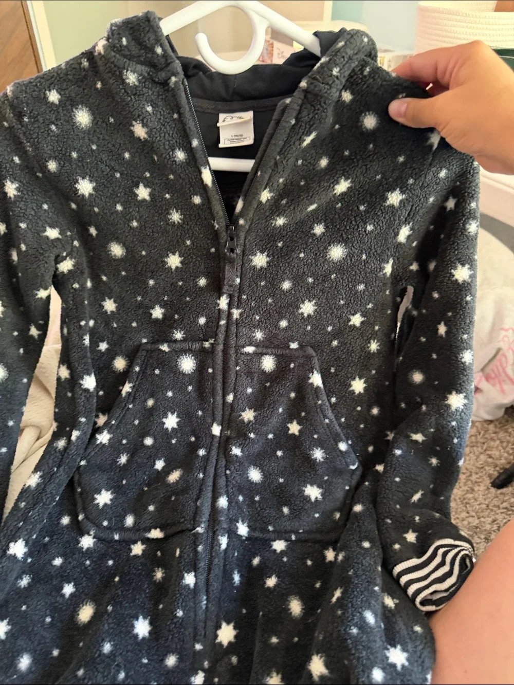 Kids Black Star Print Fleece One-Piece Sleepwear with Hoodie